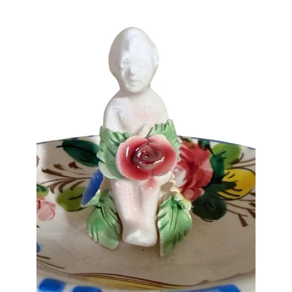 Vintage Italy Hand painted Ceramic Ring Dish Capodimonte Style Cherub Floral Sca - Picture 2 of 8